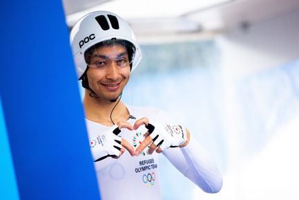 Amir Ansari (EOR) prior to the start of the Men's Individual Time Trial competition on day one of the Olympic Games Paris 2024 at Pont Alexandre III on July 27, 2024.