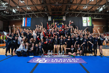 Dancers of Leaders Unified Dance Team pose for a group photo after the National Cheerleading Championship in Dvorana Kodeljevo, Ljubljana, Slovenia on April 13, 2024.