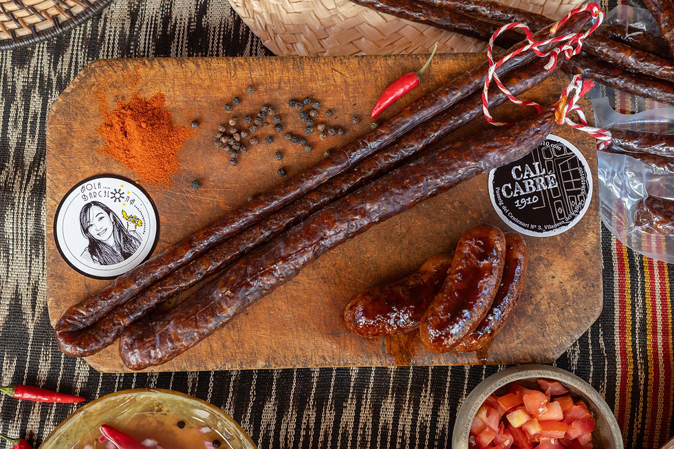 Filipino chorizo inspired by Batangas longganisa displayed on a rustic wooden board with smoked sausages, grilled longganisa, paprika, black pepper, red chilies, and traditional Filipino woven mats, showcasing Pinay sa Barcelona's artisanal products.