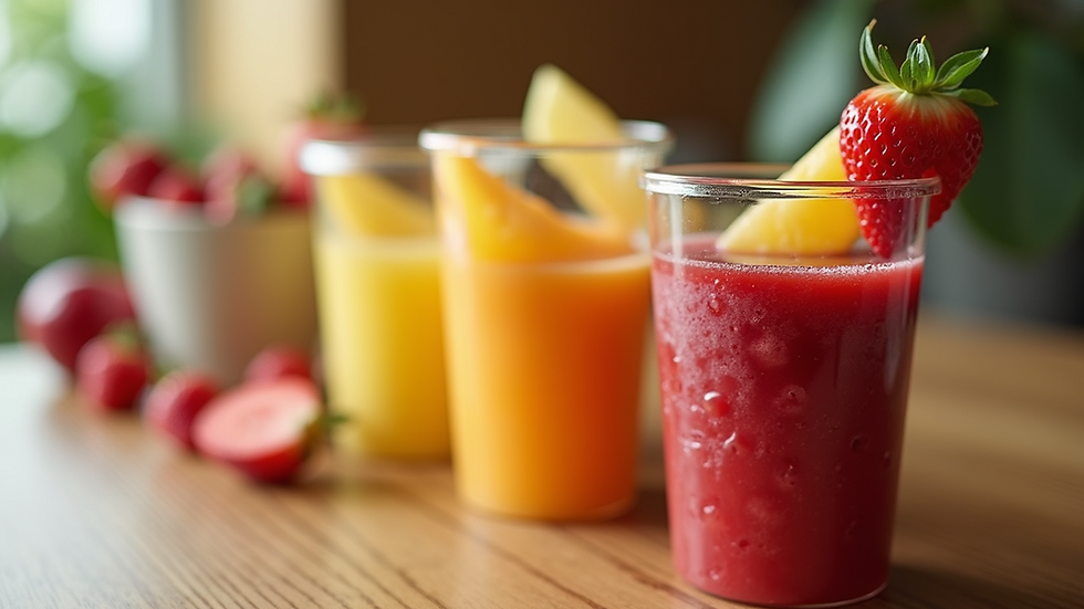 High angle view of colorful fruit cups on a table