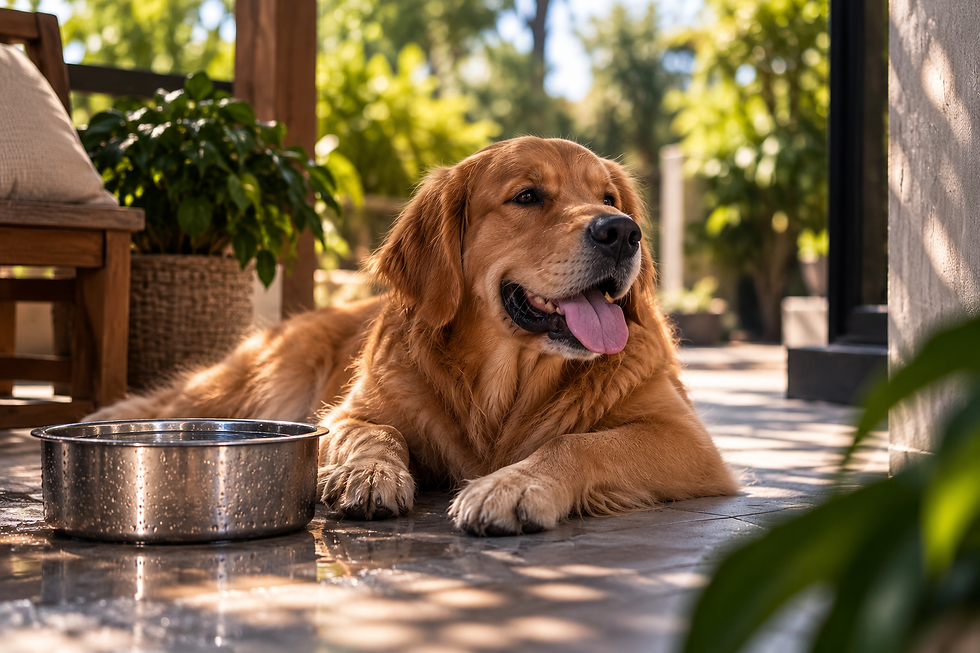 Cachorro descansando na sombra com água fresca durante um dia quente 