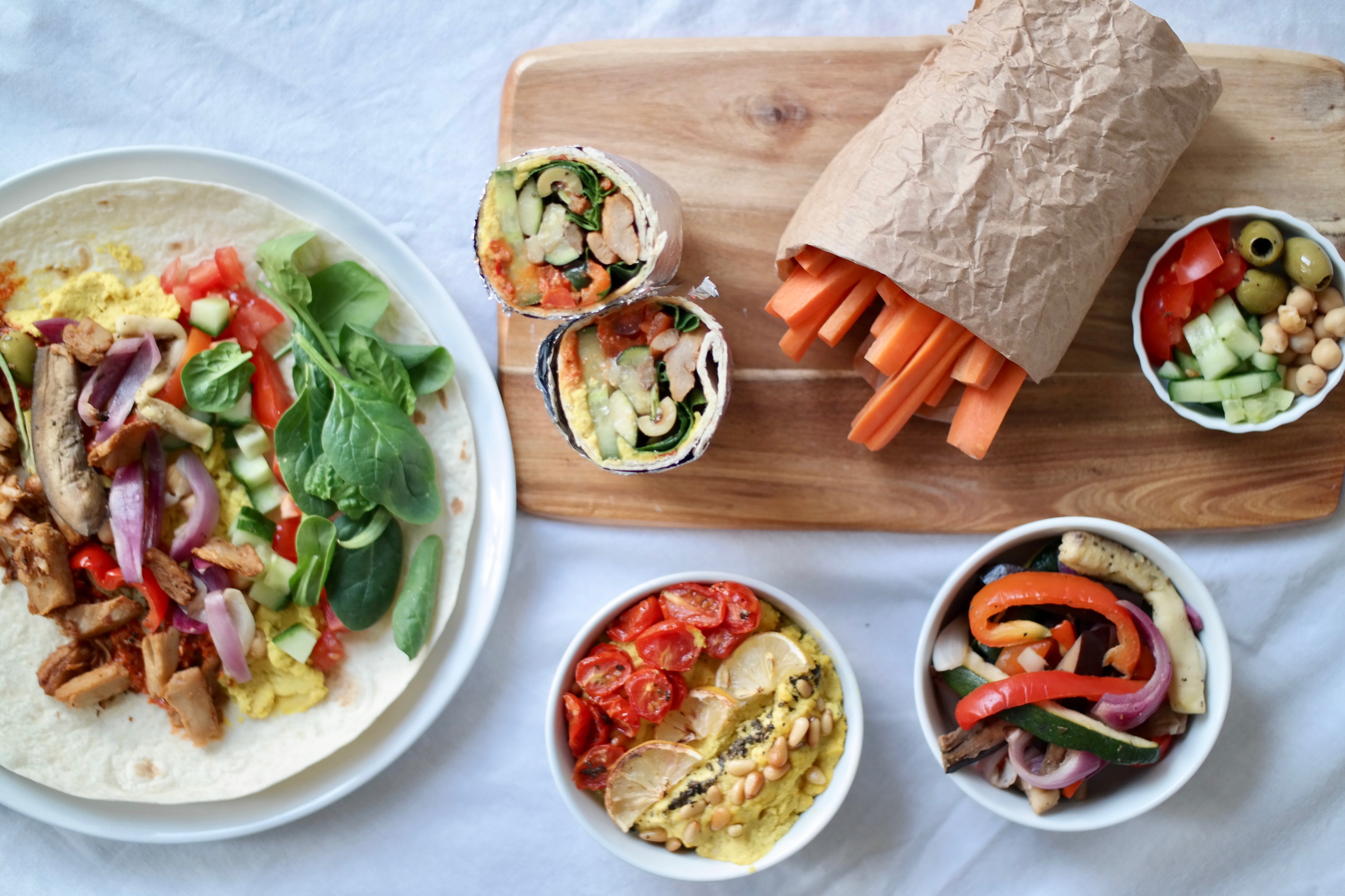 Roasted Mediterranean Veggie 'Chicken' Wraps with Turmeric Hummus