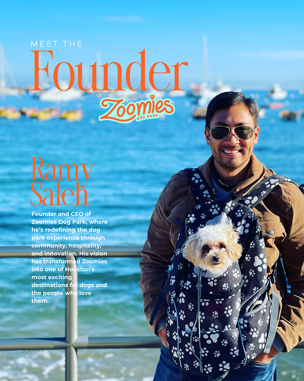 Ramy Saleh, founder of Zoomies Dog Park in Houston, partner venue for the PAWLATES dog-friendly Pilates event.