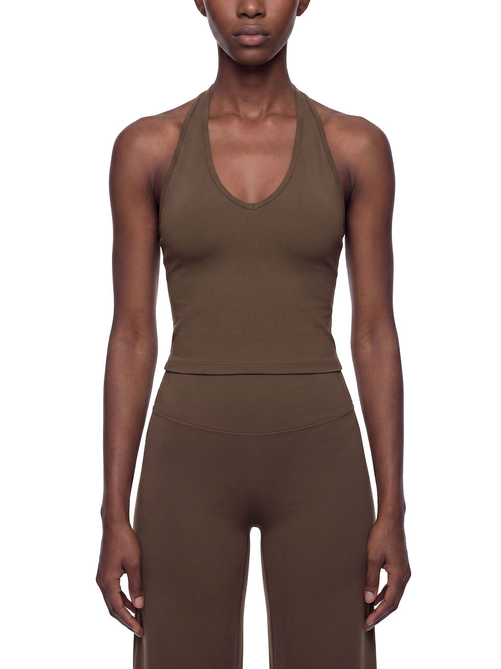 Thumbnail: DUO women's brown halter activewear tank front view model