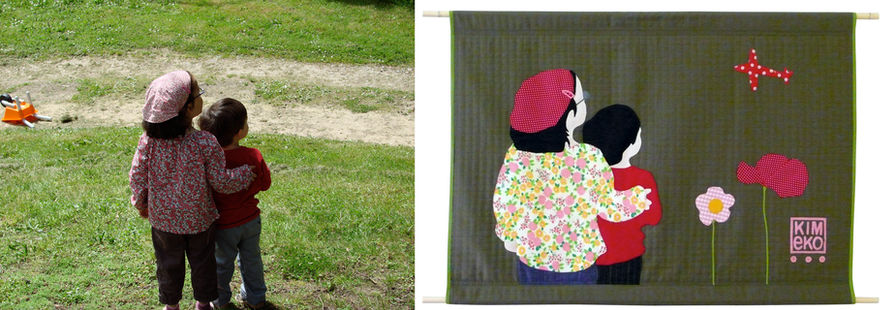 souvenirs d'enfants. Un kakémono fait à partir d'une photo en tissus appliqués