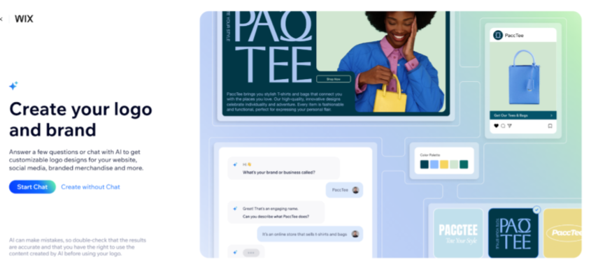 Wix branding ad with a smiling person holding a yellow bag, chat boxes, text "Create your logo and brand," and a blue-green background.