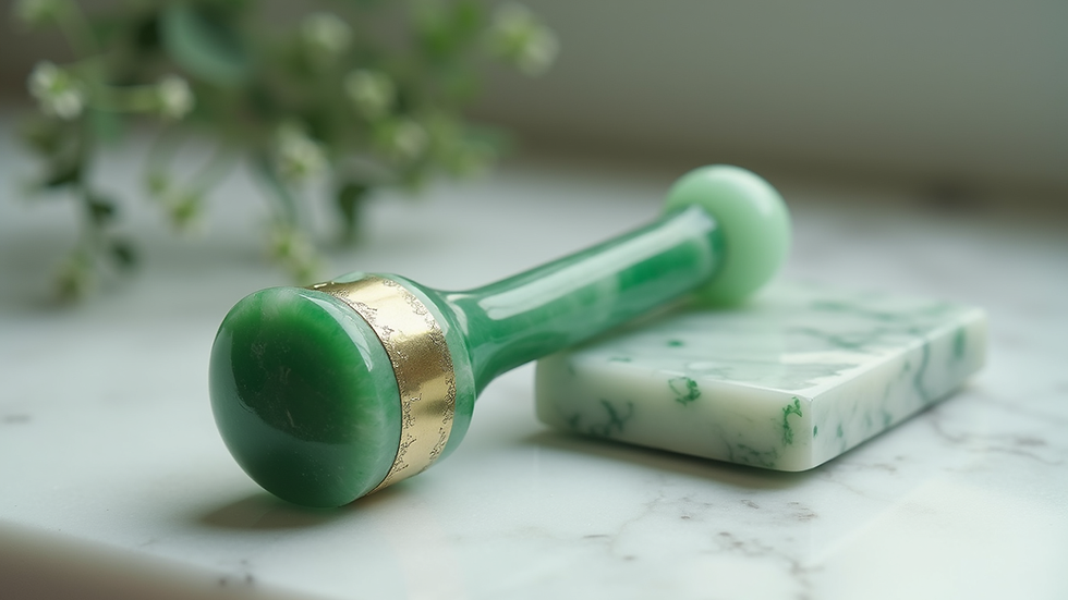 Eye-level view of jade roller and gua sha stone on marble surface