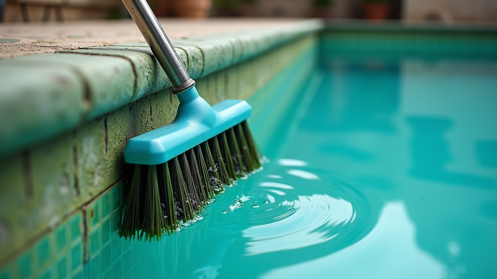 Eye-level view of pool brush scrubbing green algae on pool wall