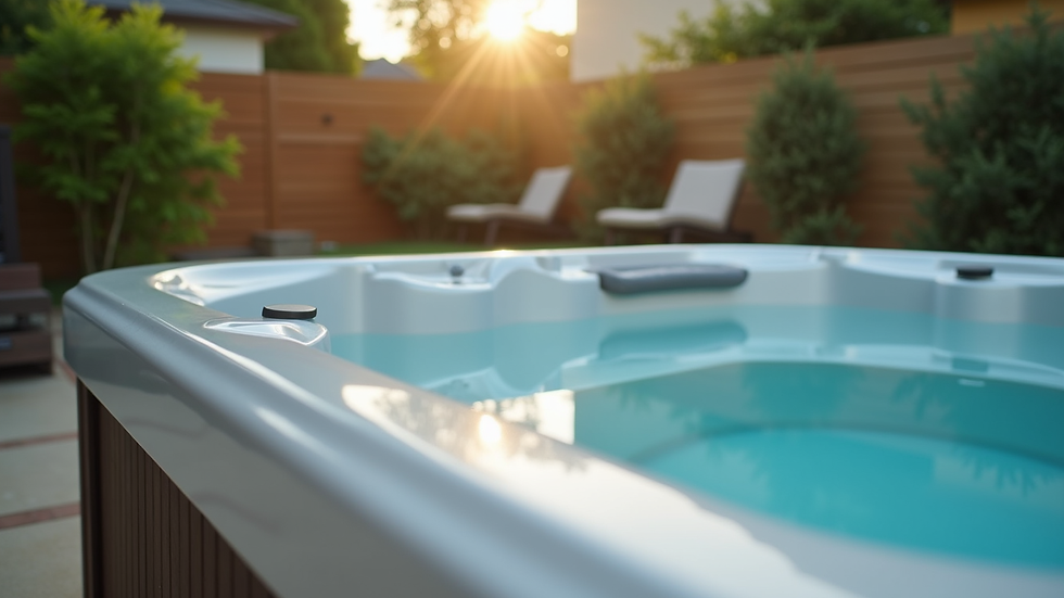 Eye-level view of a clean hot tub with a fitted cover in a backyard