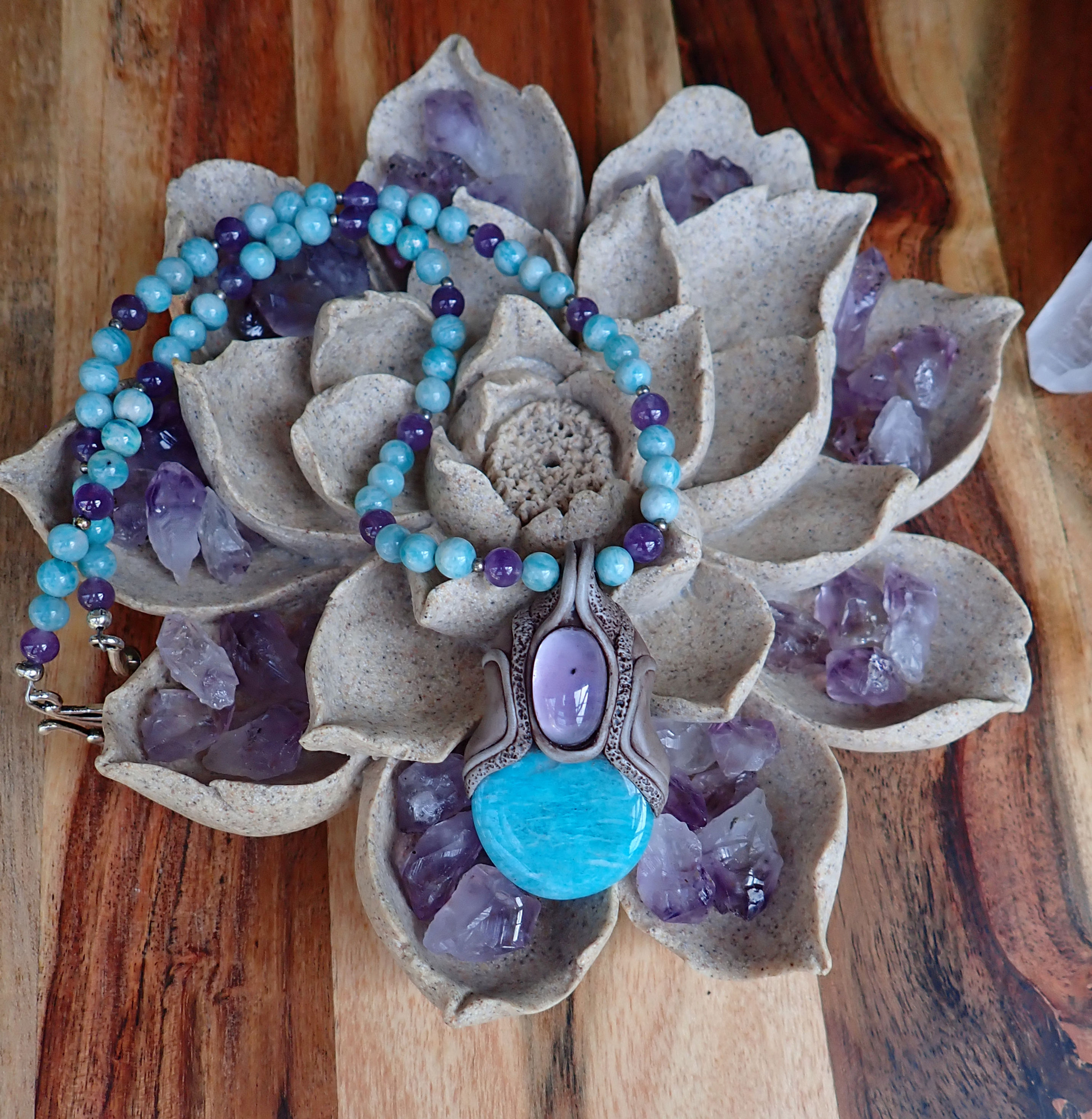 Small Amazonite and Amethyst Unification of the Heart Beaded Necklace