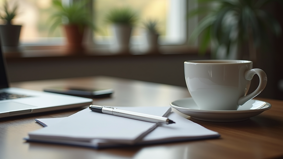 Close-up view of a desk with a notepad and a cup of coffee