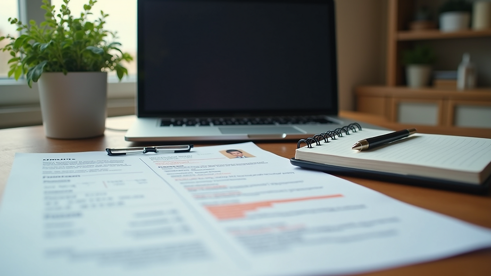 Eye-level view of a vibrant workspace with an open laptop and a resume layout