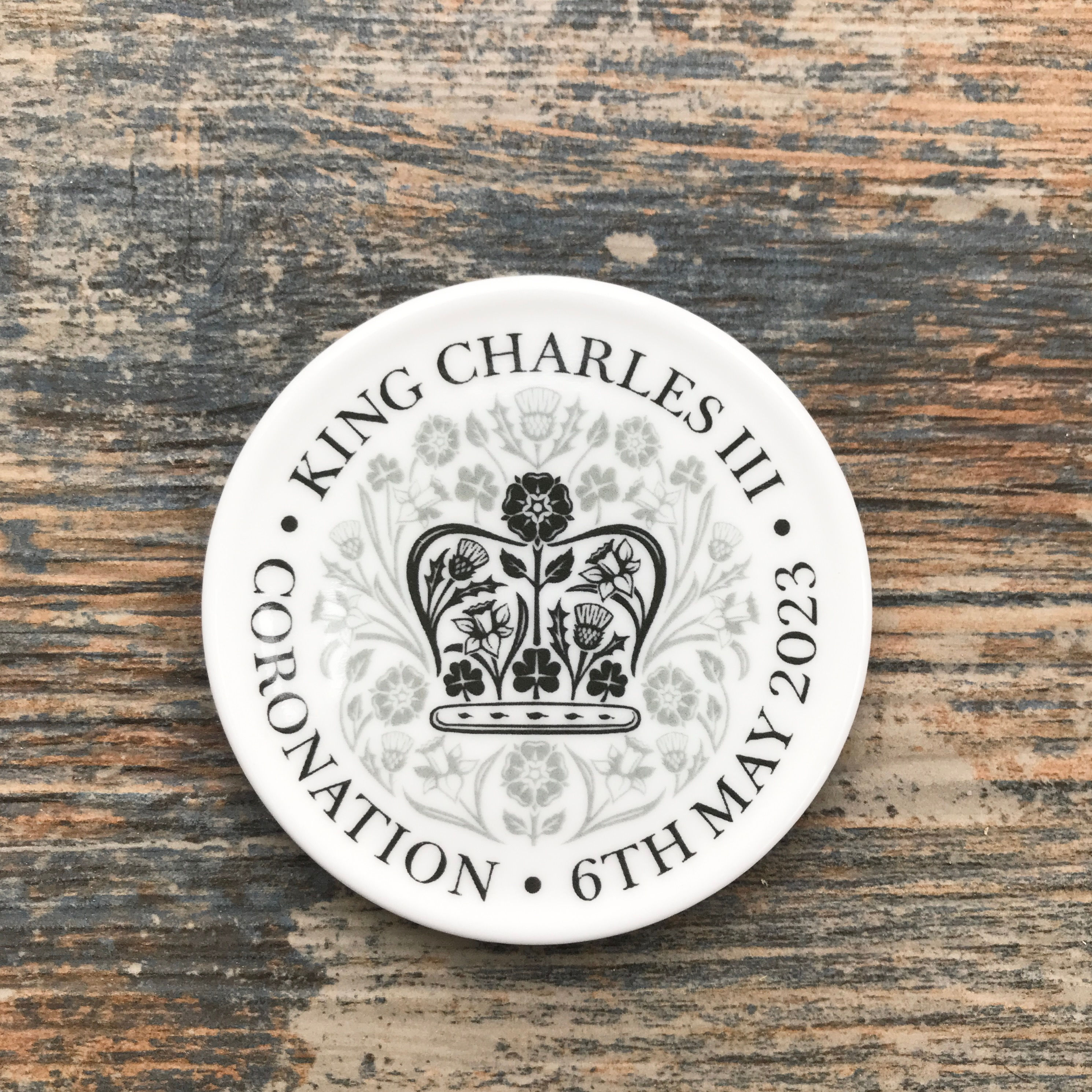 King Charles III Coronation Bone China Coaster - Black & Grey