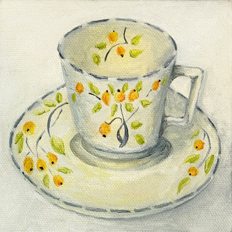 Oil Painting of a Coffee Cup with orange tree decoration