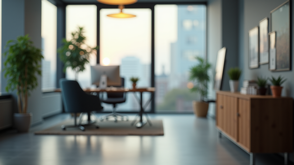 Eye-level view of a modern office space with a focus on a desk and chair