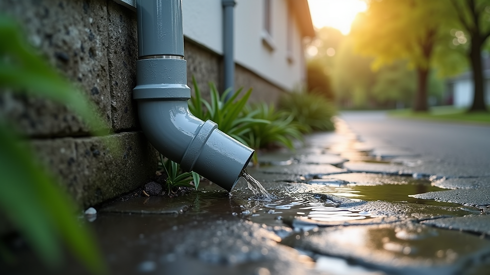 Eye-level view of a downspout directing water away from a house foundation