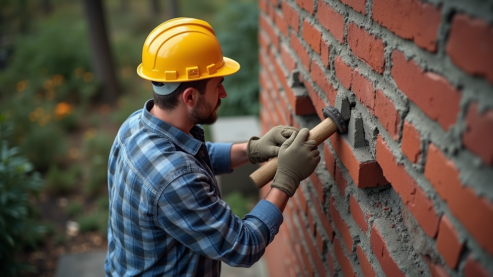 High angle view of worker repointing a brick chimney