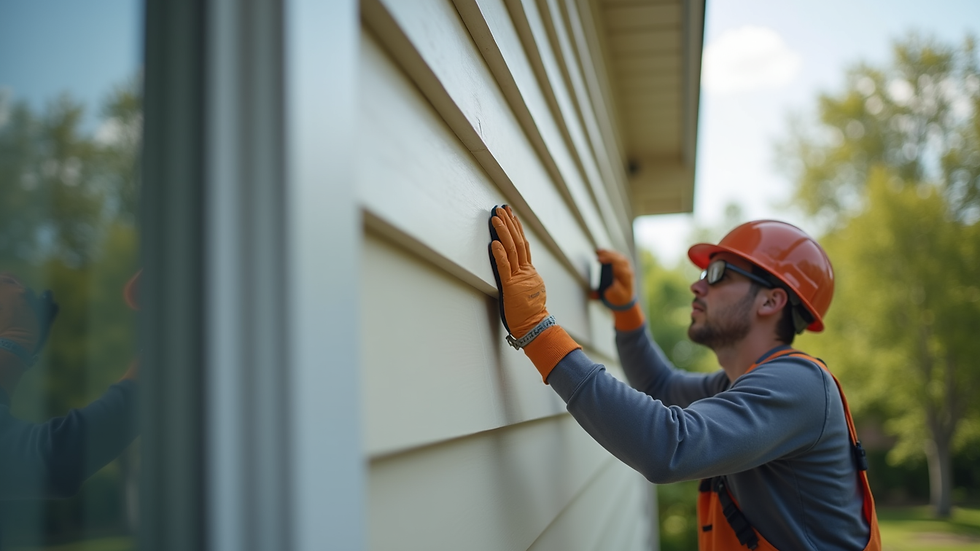 Close-up view of a person repairing vinyl siding on a house