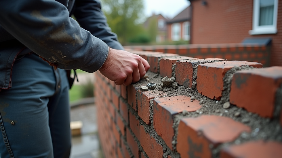 Eye-level view of a worker repointing a brick chimney