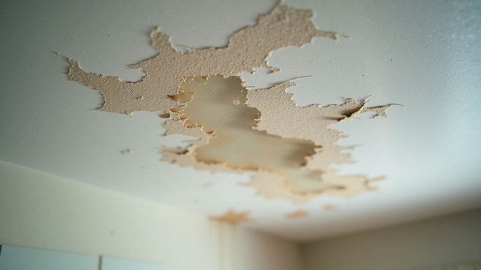 Close-up view of water damage on ceiling caused by roof leak