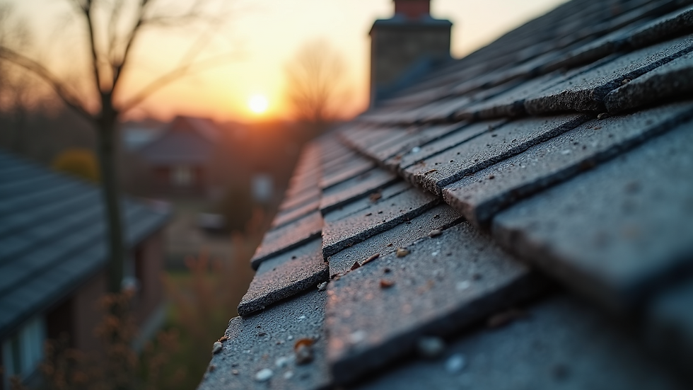 Close-up view of broken shingles on a roof