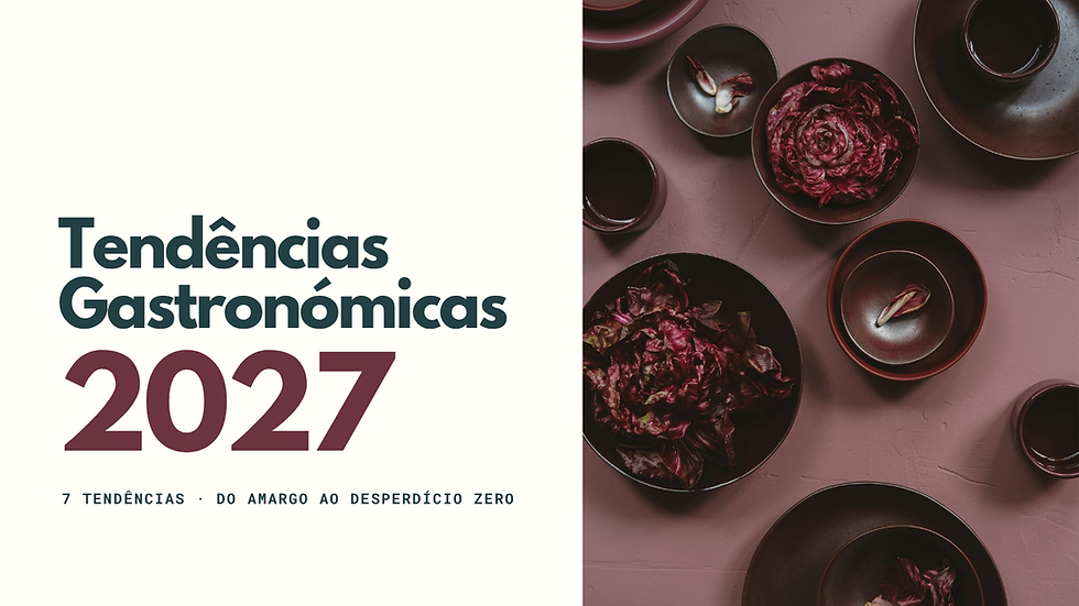 Capa editorial do artigo «Tendências Gastronómicas 2027», com fundo beje, título em verde-escuro e ano em bordô. À direita, fotografia de composição gastronómica minimalista, com radicchio em tons de vinho sobre loiça escura, num ambiente contemporâneo e sofisticado.