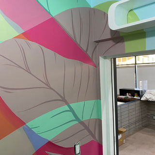 Colorful retro Interior Mural Created for Golden Rule Tattoo by Nyla Lee. Phoenix, AZ