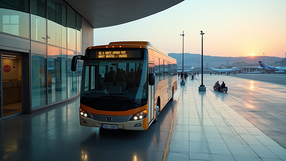 High angle view of a shuttle bus waiting at Antalya airport terminal