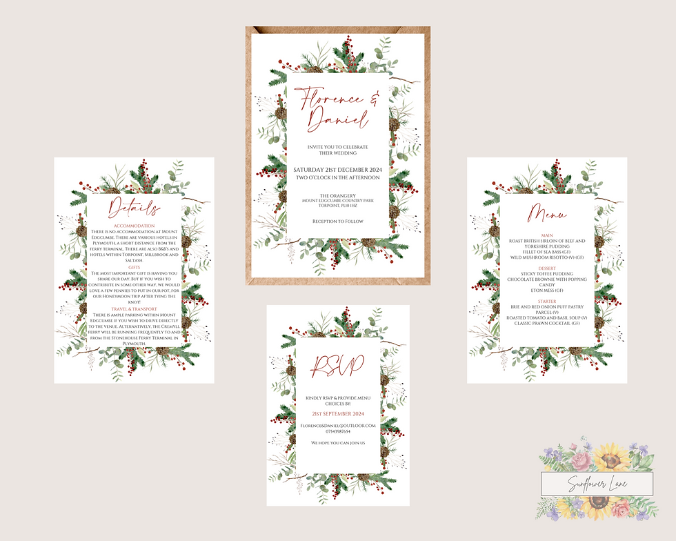 Thumbnail: Winter Pine Cone Foliage Wedding Invitation, Christmas Winter Wedding