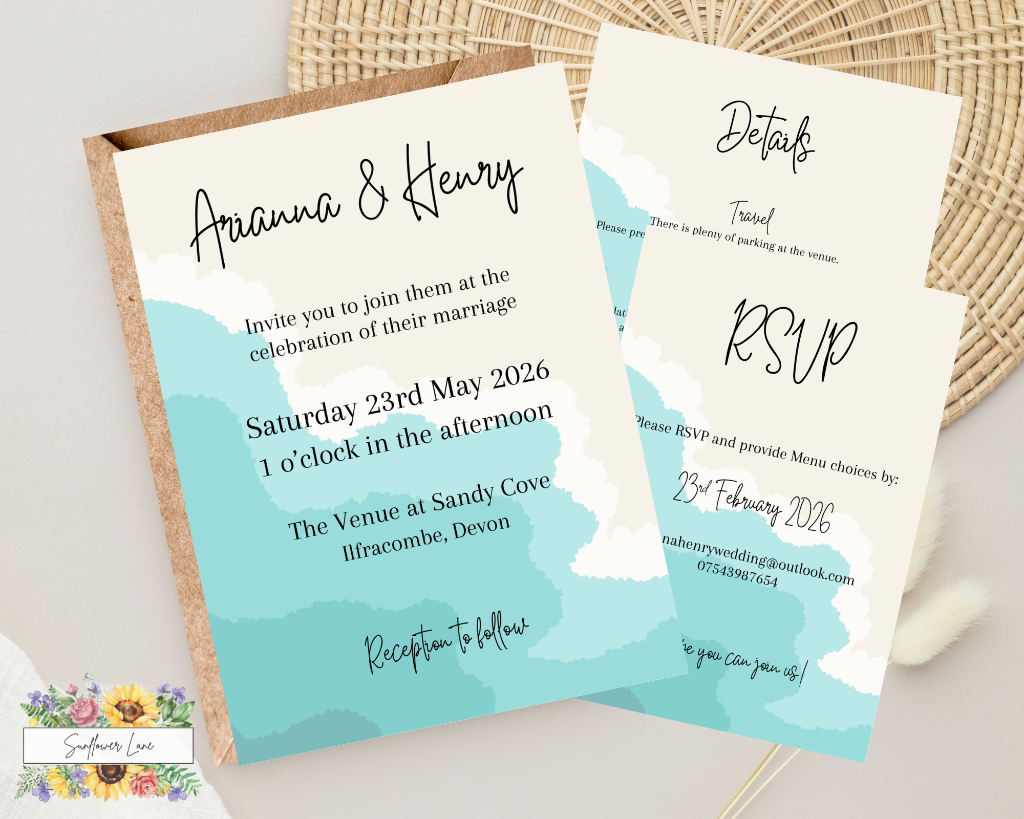 Beach Wedding Invitation Set, Summer Wedding Invitation Suite. Sand, Waves, Sea