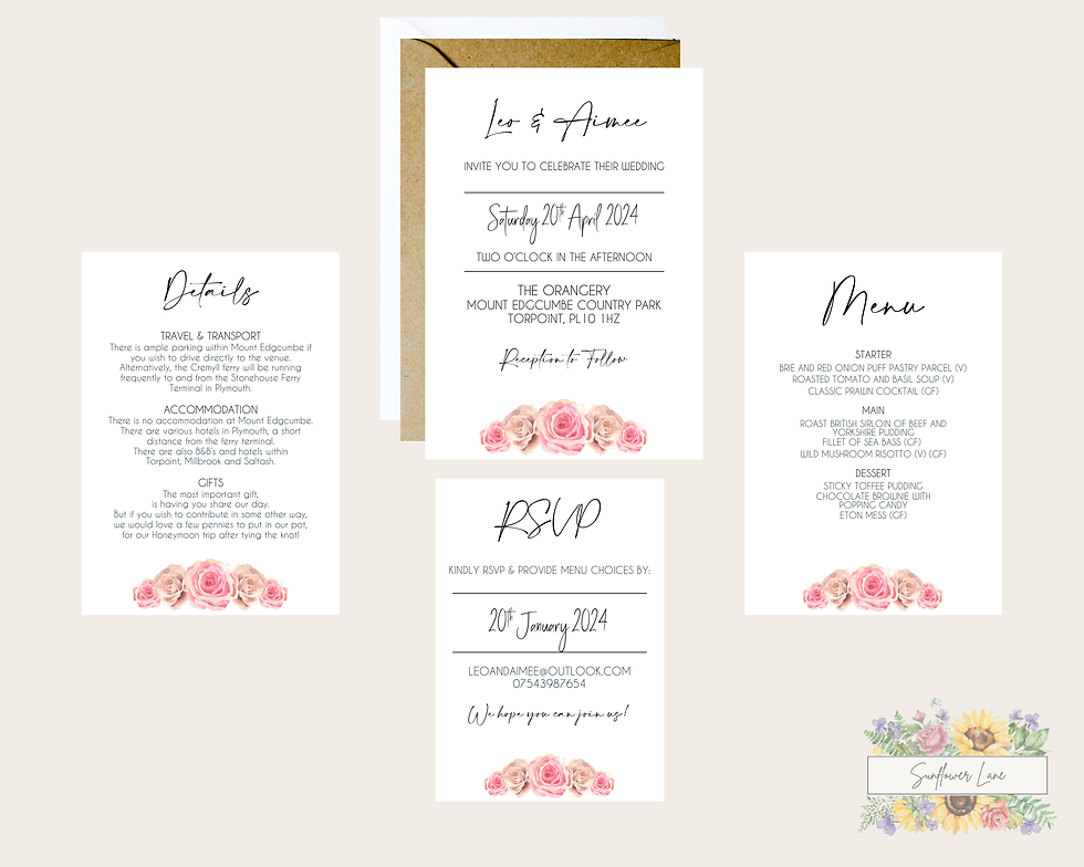 Thumbnail: Pink Rose Wedding Invitation Set, Wedding Invitation Suite, Dusky Blue