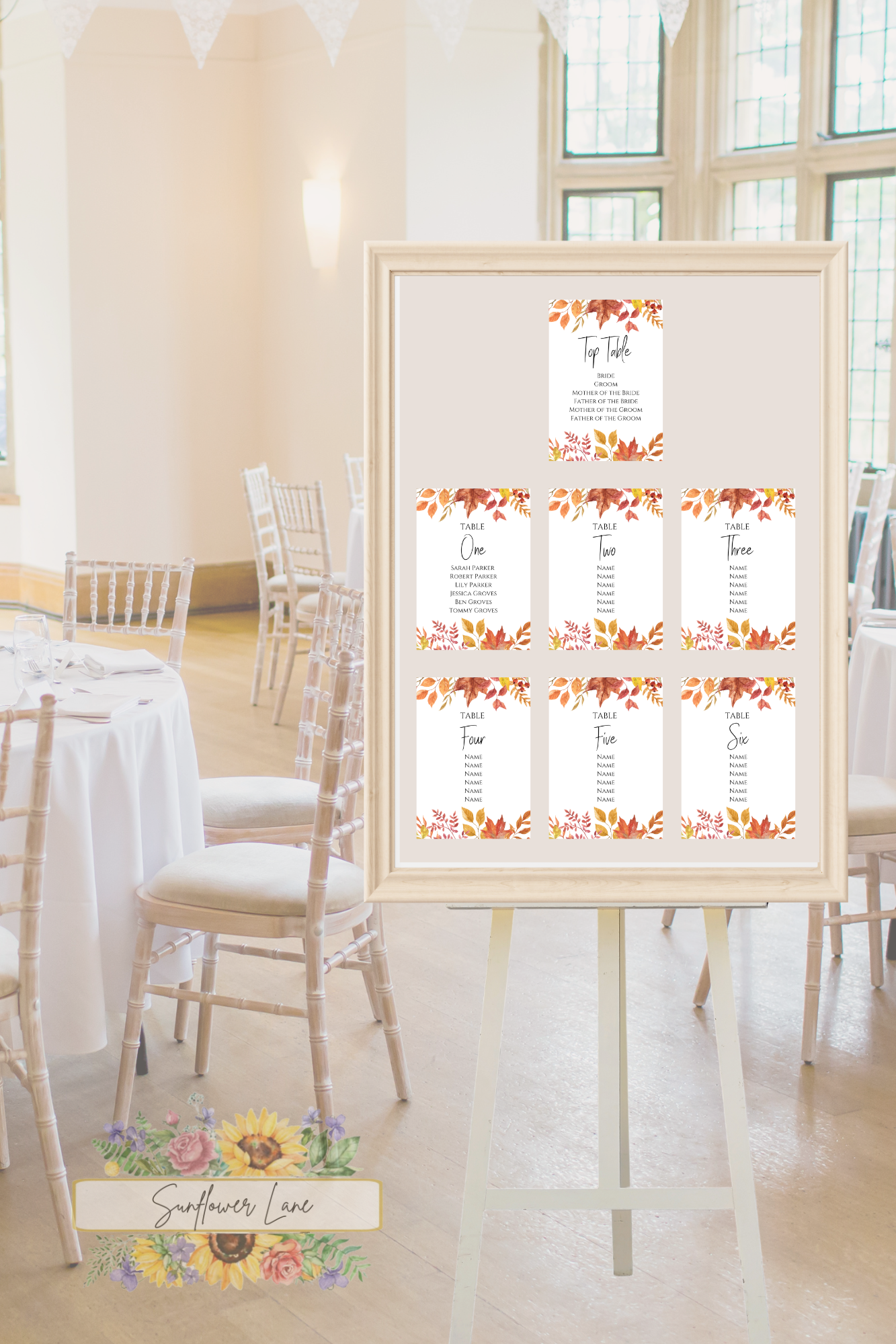 Autumn Table Plan, Seating Chart Cards, Autumn Leaves, Wedding Reception Signage