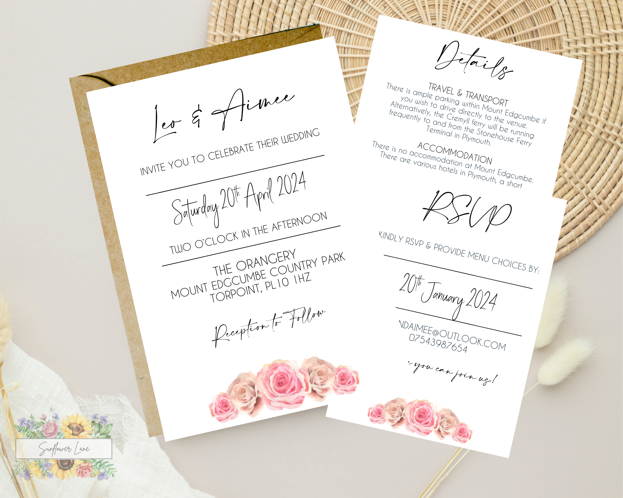 Pink Rose Wedding Invitation Set, Wedding Invitation Suite, Dusky Blue