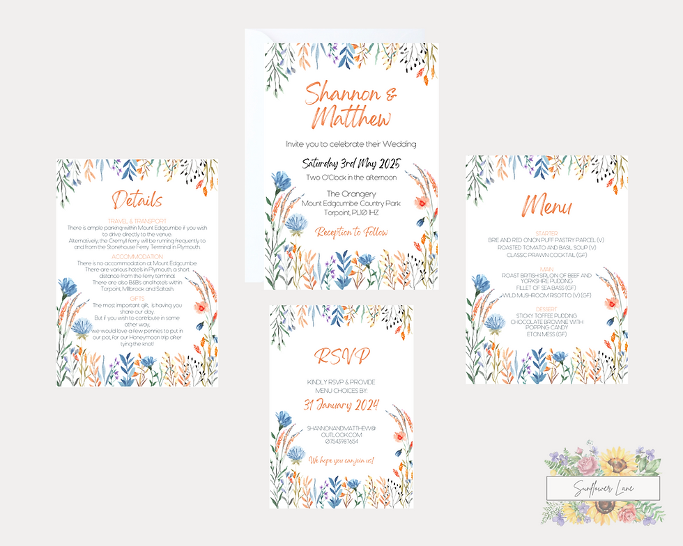Thumbnail: Spring Floral Wedding Invitation Set, Wedding Invitation Suite - Orange & Blue