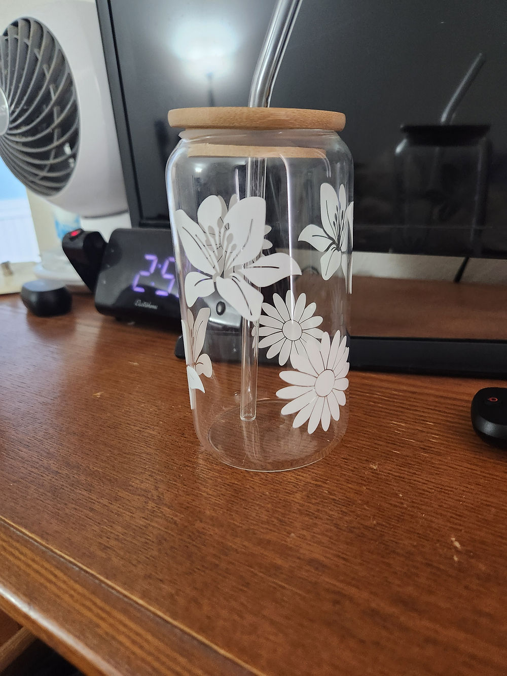 Glass cup, handmade with heart, white floral design