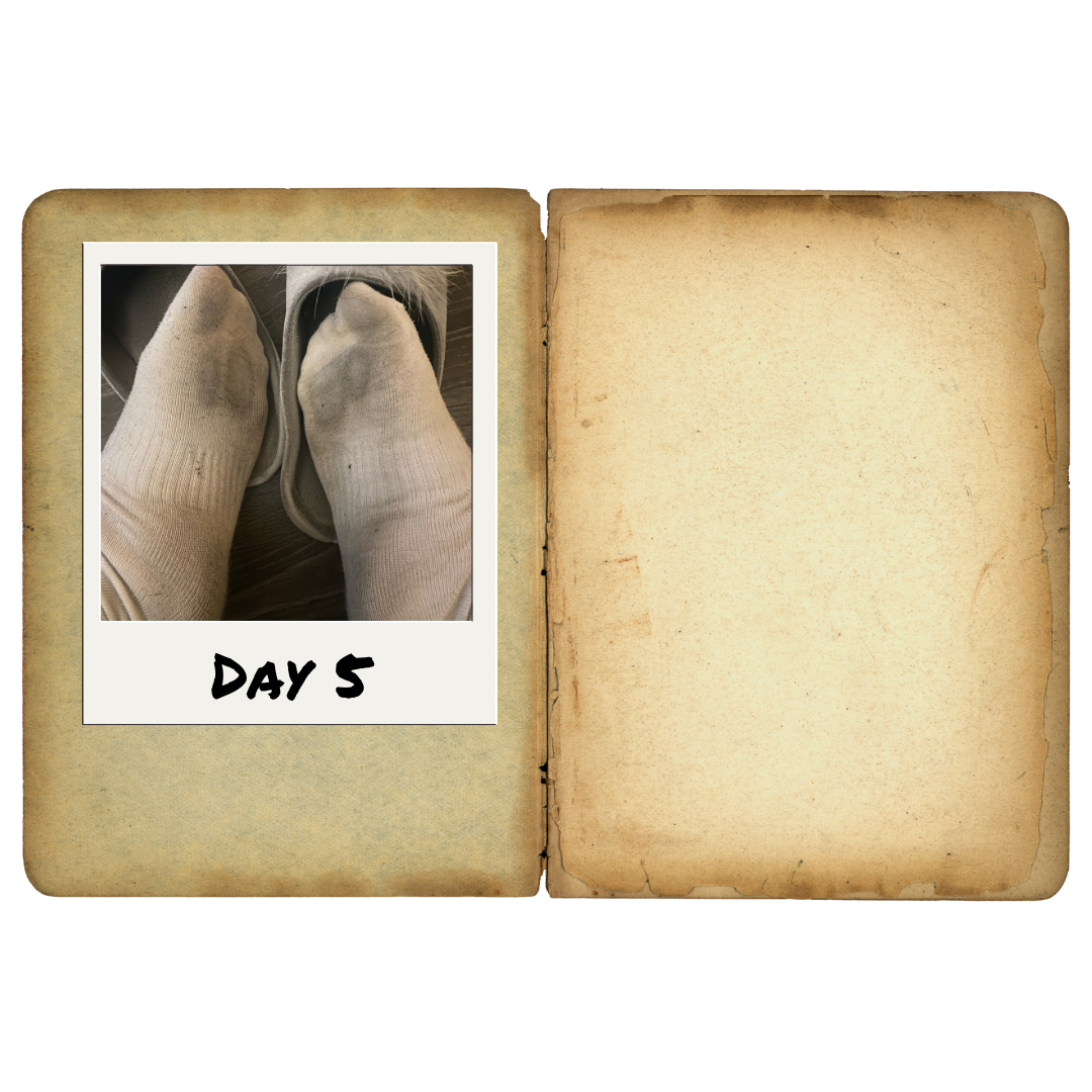 Nurfusse.com presents for foot fetish enthusiasts on the fifth day of Miss Murdah wearing socks. She has slid her feet from her slippers, exposing the now extremely dingy white socks.