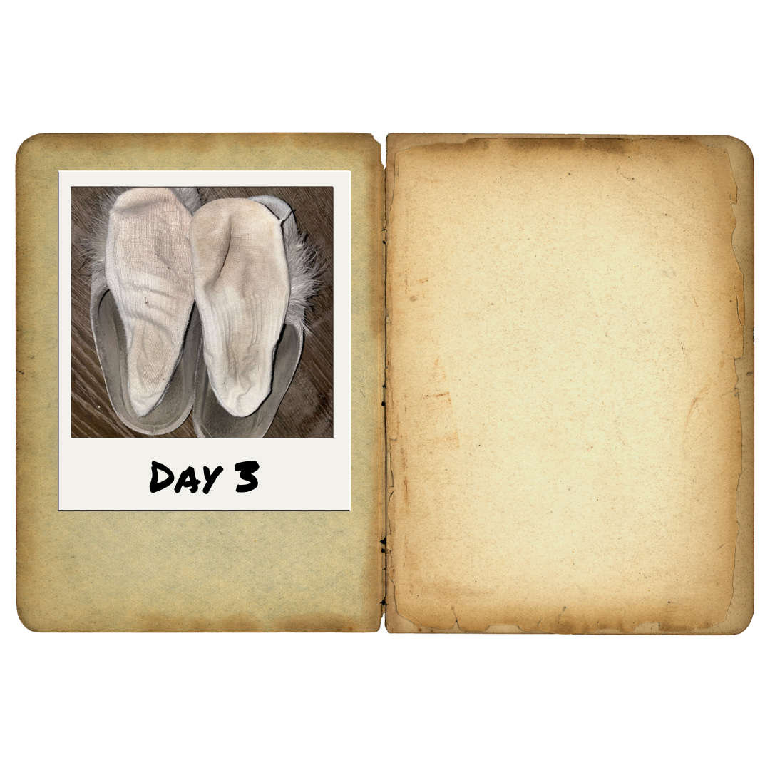Nurfusse.com presents for foot fetish enthusiasts the third day of Miss Murdah wearing socks. Both dirty socks are turned soles up and resting on her slippers.