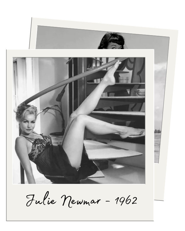 Julie Newmar in 1962, barefoot on a staircase