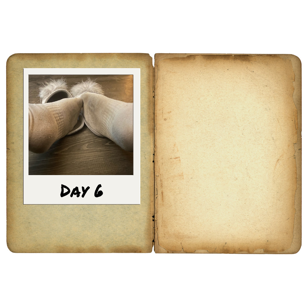 Nurfusse.com presents for foot fetish enthusiasts the sixth day of Miss Murdah wearing socks and making them smelly, filthy, and worn in. Her feet are together at the toes, resting on their sides, forming a triangle. Her socked soles are exposed, showing the once pristine white socks are now gray and filthy.
