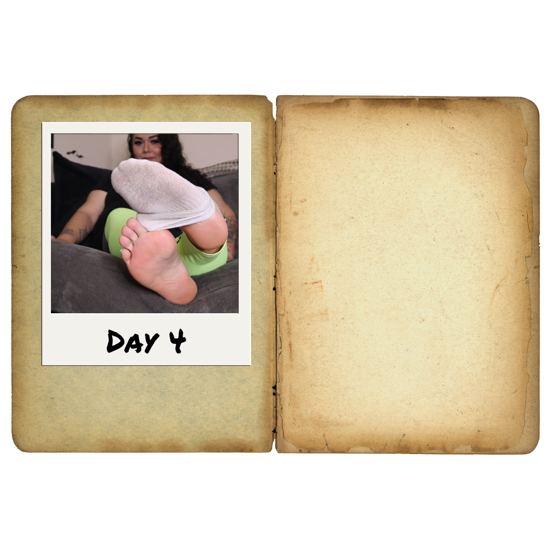 Nurfusse.com presents for foot fetish enthusiasts on the fourth day of Miss Murdah wearing socks while giving a strip tease. Her left toe is pulling the sock off of her right foot.
