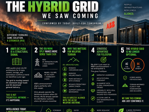 FieldSpan graphic illustrating a hybrid AC/DC grid connecting DC infrastructure, utility delivery, energy storage, microgrids and wildfire-resilient communities.