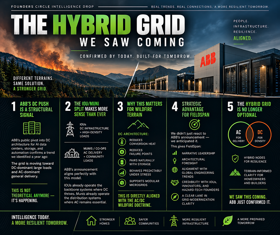 FieldSpan graphic illustrating a hybrid AC/DC grid connecting DC infrastructure, utility delivery, energy storage, microgrids and wildfire-resilient communities.