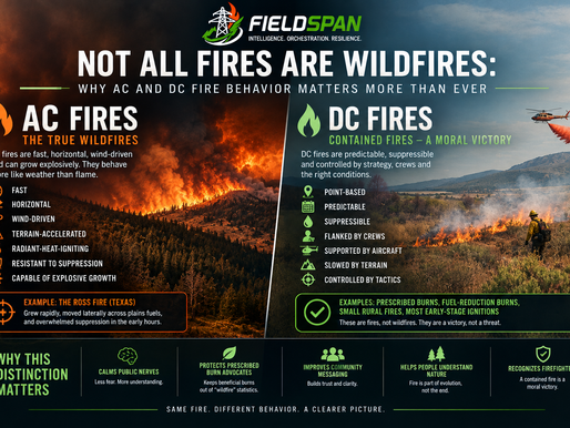 FieldSpan AC and DC fire behavior comparison showing runaway wind-driven wildfire and contained suppressible fire behavior.