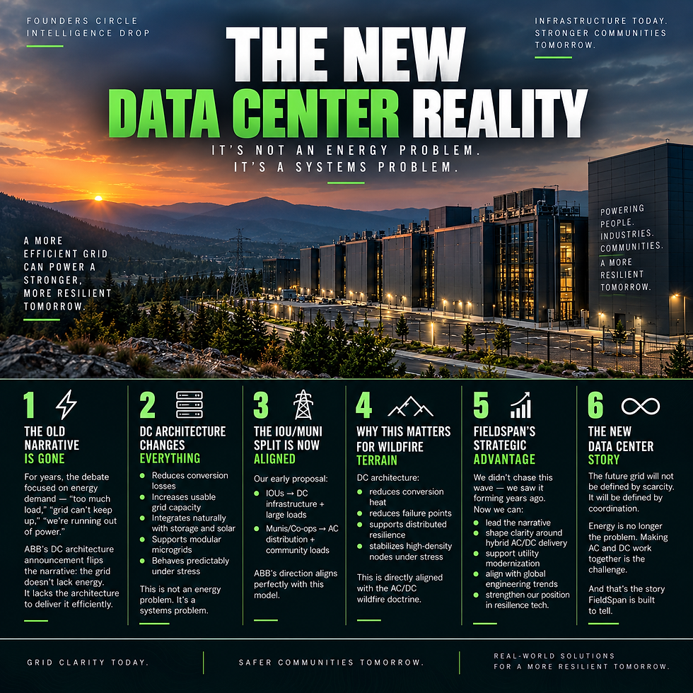 FieldSpan intelligence graphic showing a modern data center connected with power transmission infrastructure in a terrain-focused landscape.