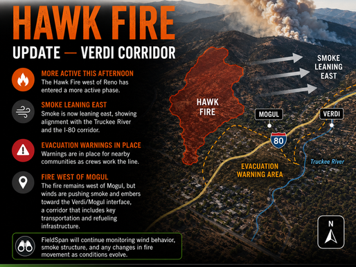 Hawk Fire update showing Peavine Mountain, Verdi, Mogul and the I-80 corridor northwest of Reno, Nevada.