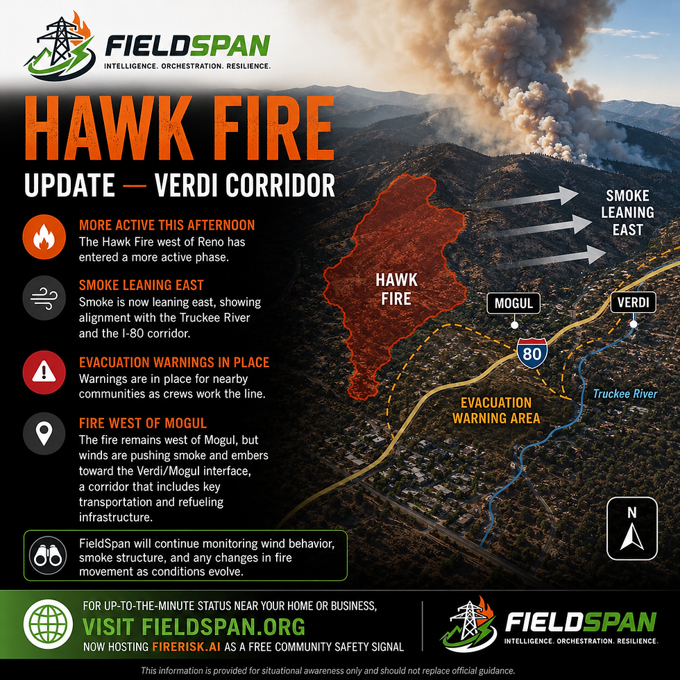 Hawk Fire update showing Peavine Mountain, Verdi, Mogul and the I-80 corridor northwest of Reno, Nevada.