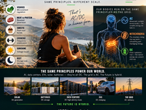 FieldSpan educational graphic using human energy and metabolism as an analogy for AC and DC power, alongside solar, batteries, data centers, EVs and the electric grid.