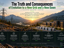 FieldSpan Doctrine graphic showing legacy transmission infrastructure transitioning toward modern hybrid grid infrastructure across wildfire-prone terrain at sunrise.
