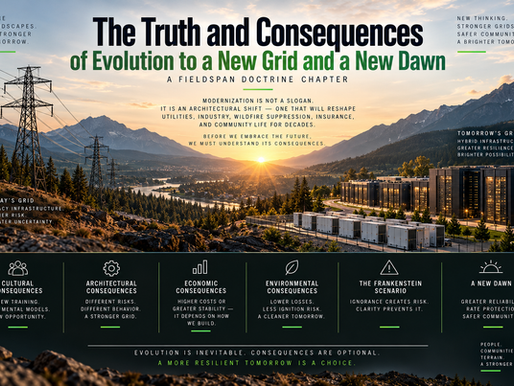 FieldSpan Doctrine graphic showing legacy transmission infrastructure transitioning toward modern hybrid grid infrastructure across wildfire-prone terrain at sunrise.