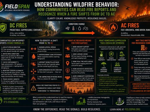 FieldSpan guide showing how communities can read wildfire reports and recognize changing DC and AC fire behavior.